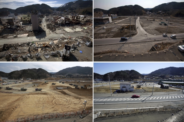 ▲10년 전 동일본 대지진과 현재. 왼쪽은 지진 직후인 2011년 3월 19일 황폐화된 미야기현의 오나가와 마을. 오른쪽은 정비가 끝난 현재 모습. 오나가와/AP뉴시스
