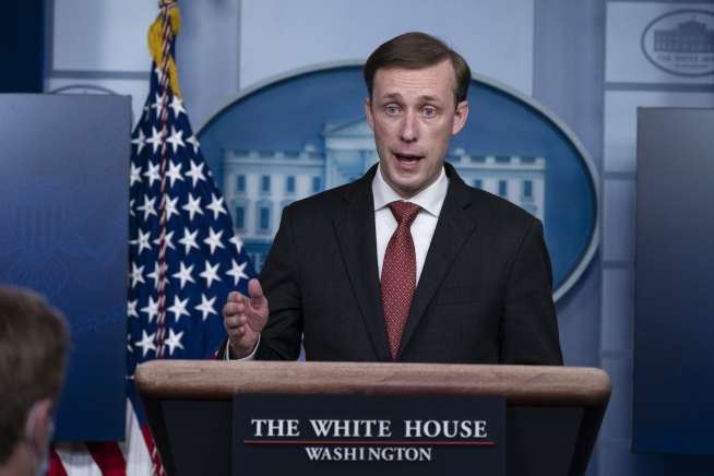▲제이크 설리번 백악관 국가안보보좌관이 12일(현지시간) 미국 워싱턴D.C. 백악관 브리핑룸에서 기자회견을 진행하고 있다. 워싱턴D.C./AP연합뉴스