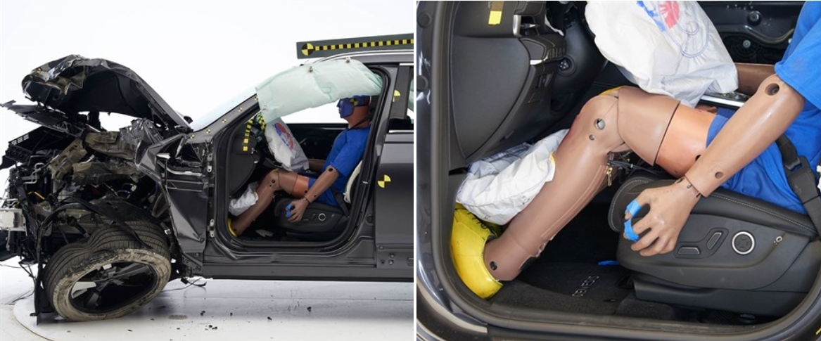 ▲IIHS는 무릎 에어백의 위치와 팽창 용량, 각도 등을 따졌을 때 운전자의 무릎 "부상 가능성이 현저히 낮다(risk of injuries was low)"는 평가를 내렸다.   (출처=IIHS)