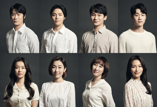 ▲음악극 '태일' 출연배우. 위 진선규·박정원·강기둥·이봉준, 아래 정운선·한보라·김국희·백은혜. (사진제공=플레이더상상)