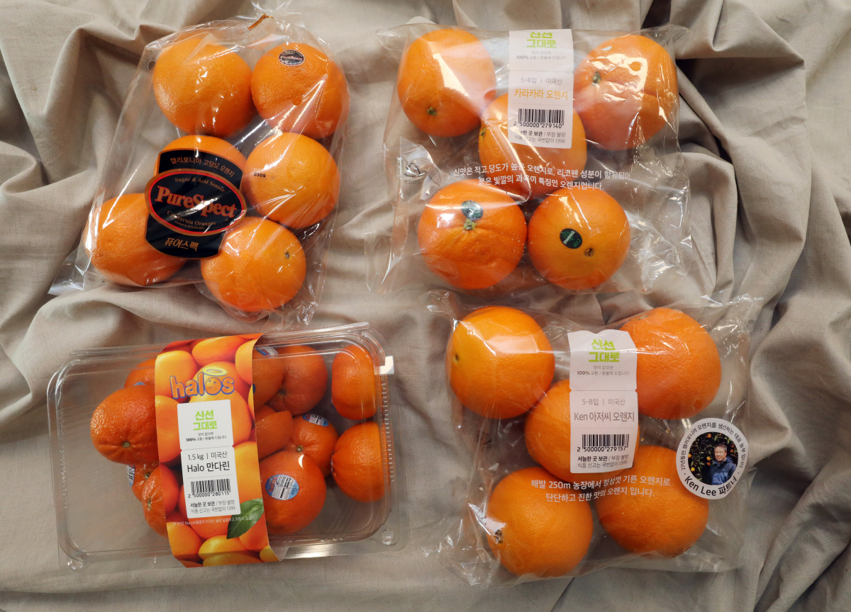 ▲이마트 오렌지 우측 상단부터 시계방향 카라카라 캔아저씨 헤일로만다린 퓨어스펙 (사진제공=이마트)