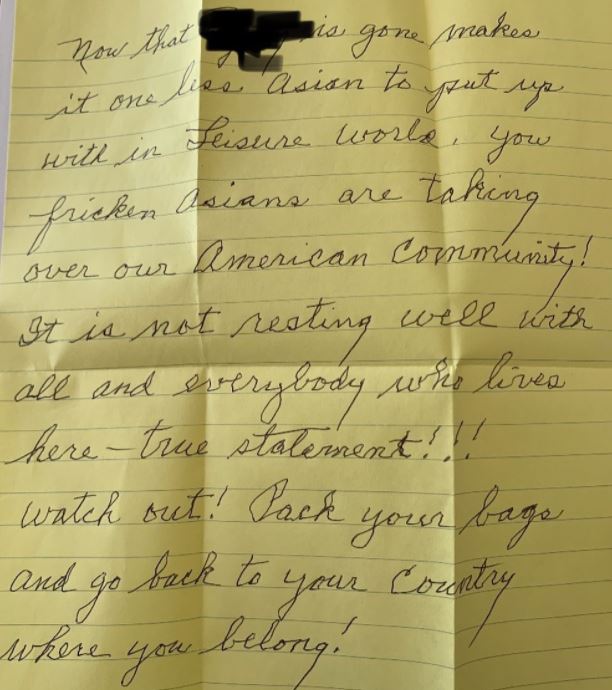 ▲미국에서 아시아인에 대한 증오범죄 우려가 높아진 가운데 이번에는 캘리포니아주의 한 한국계 미국인에게 증오 섞인 내용의 협박 편지가 배달돼 경찰이 수사에 나섰다. (출처=앵그리아시안맨 트위터 캡처)