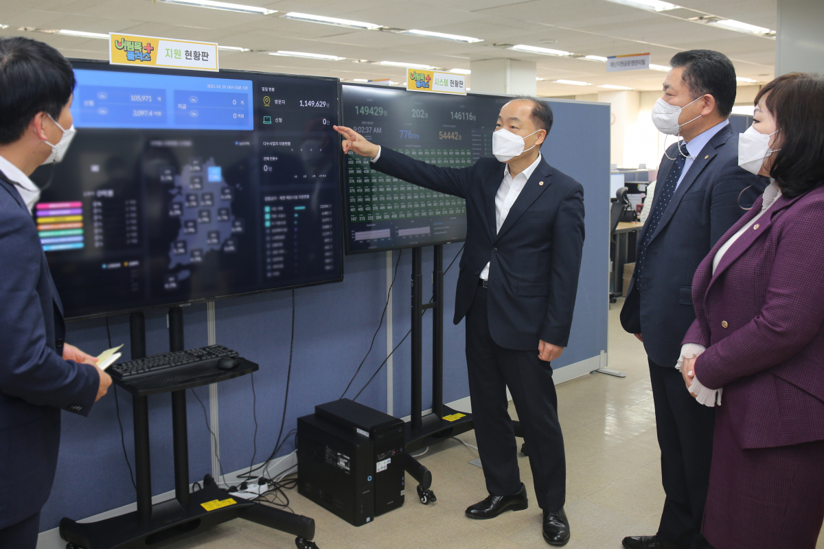 ▲조봉환 소상공인시장진흥공단(소진공) 이사장(왼쪽 두 번째)이 버팀목자금플러스 접수 현황을 확인하고 있다. (사진제공=소상공인시장진흥공단)