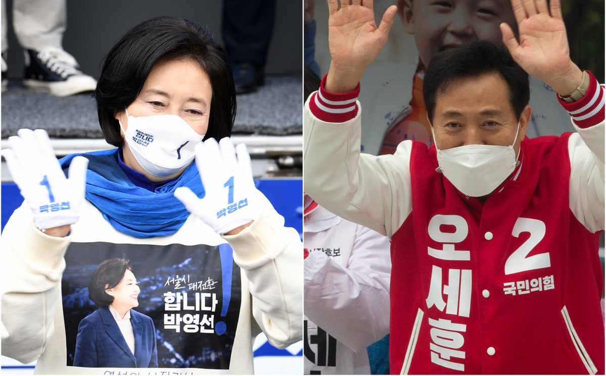 ▲서울시장 보궐선거를 앞두고 28일 박영선 더불어민주당 서울시장 후보와 오세훈 국민의힘 후보가 각각 서초구 고속버스터미널과 강남구 코엑스 동문광장에 열린 집중 유세에서 인사하고 있다. (국회사진기자단)