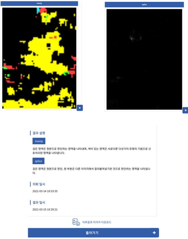 ▲사진 위변조 이미지 분석 결과(위) 및 이에 대한 간단한 설명(아래). (사진제공=한국과학기술원)