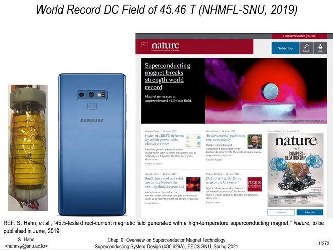 ▲핸드폰 보다 작은 무절연 고온초전도자석과 2019년 6월 네이처 홈페이지 메인화면 모습 (사진제공=과학기술정보통신부)