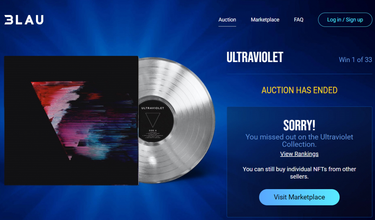 ▲인기 DJ 3LAU의 NFT 경매가 종료됐다는 공고가 떠 있다. 출처 3LAU NFT 전용 홈페이지