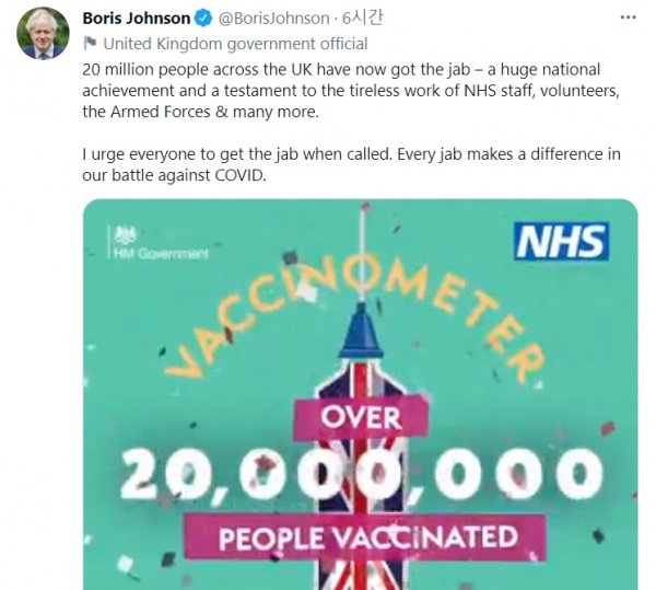 ▲보리스 존슨 영국 총리가 트위터에 백신 접종 2000만 명 돌파를 축하했다. 출처 보리스 존슨 트위터
