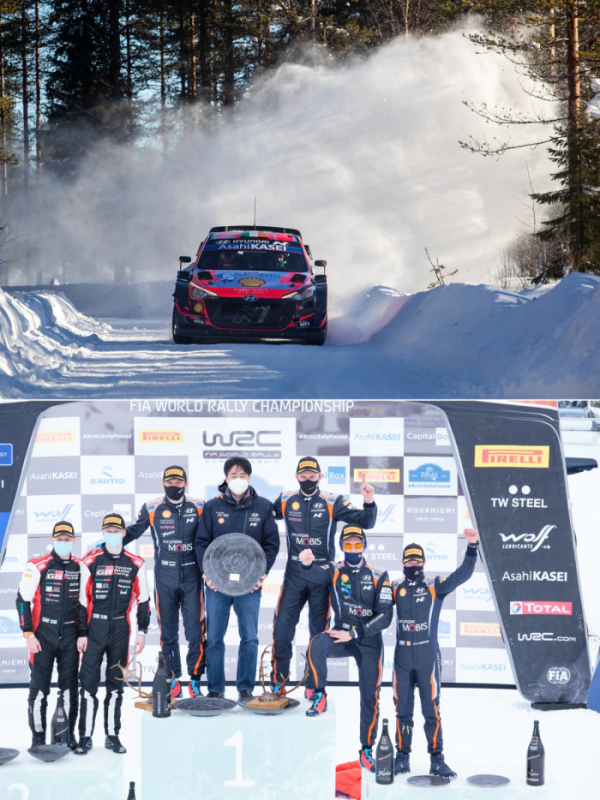 ▲현대차 월드랠리팀이 WRC 시즌 두 번째 경기인 핀란드전에서 1위와 3위를 차지했다. 눈 덮인 설원에서 평균시속 121.6km, 최고시속 190km를 기록하며 선전했다.  (사진제공=현대차)
