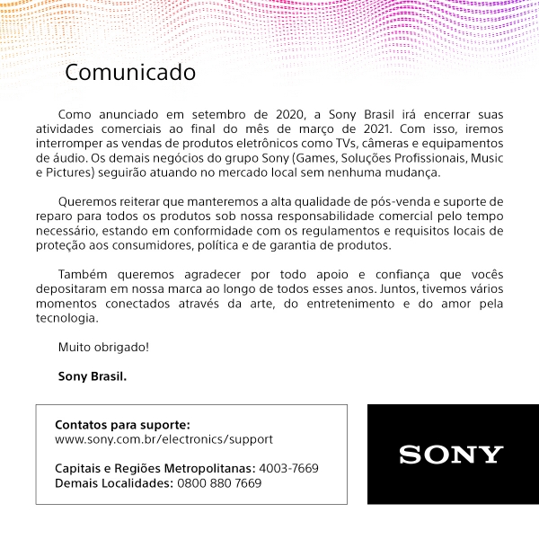 ▲소니가 2일(현지시간) 브라질 시장에서 TV와 카메라 등 가전제품 판매를 중단한다고 밝혔다. 출처 소니브라질 페이스북
