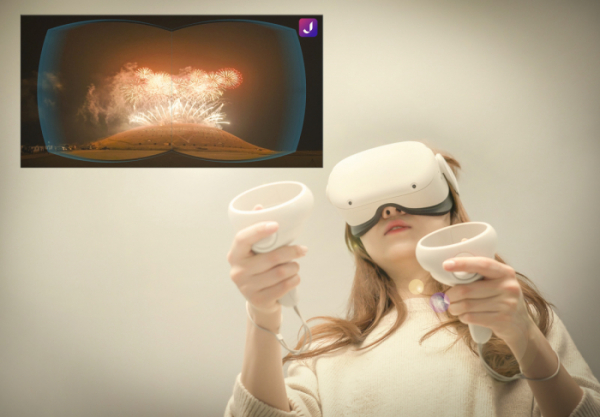 ▲SKT 관계자가 제주 새별오름 불놓기 행사의 360 VR영상을 체험하고 있다. (사진제공=SKT)