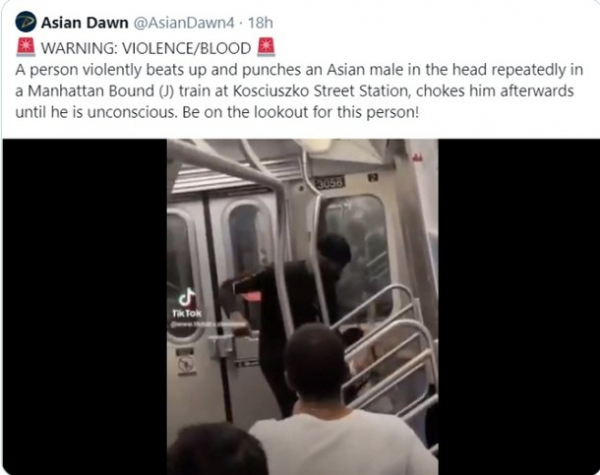 ▲29일(현지시간) 뉴욕 지하철에서 건장한 흑인 남성이 아시아계 남성을 폭행해 기절시킨 사건이 벌어져 관계 당국이 수사에 나섰다. (출처=트위터 캡처)