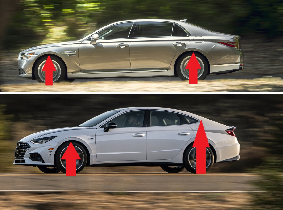 ▲뒷자리를 기준으로 후륜구동 세단(사진 위)보다 전륜구동 세단(사진 아래)을 탔을 때 멀미감을 더 느낄 수 있다. 전륜구동 세단은 상대적으로 뒤쪽이 가벼운 만큼 주행 때 위아래 운동범위가 크고 차체가 출렁거릴 수 있다. (사진제공=현대차그룹)