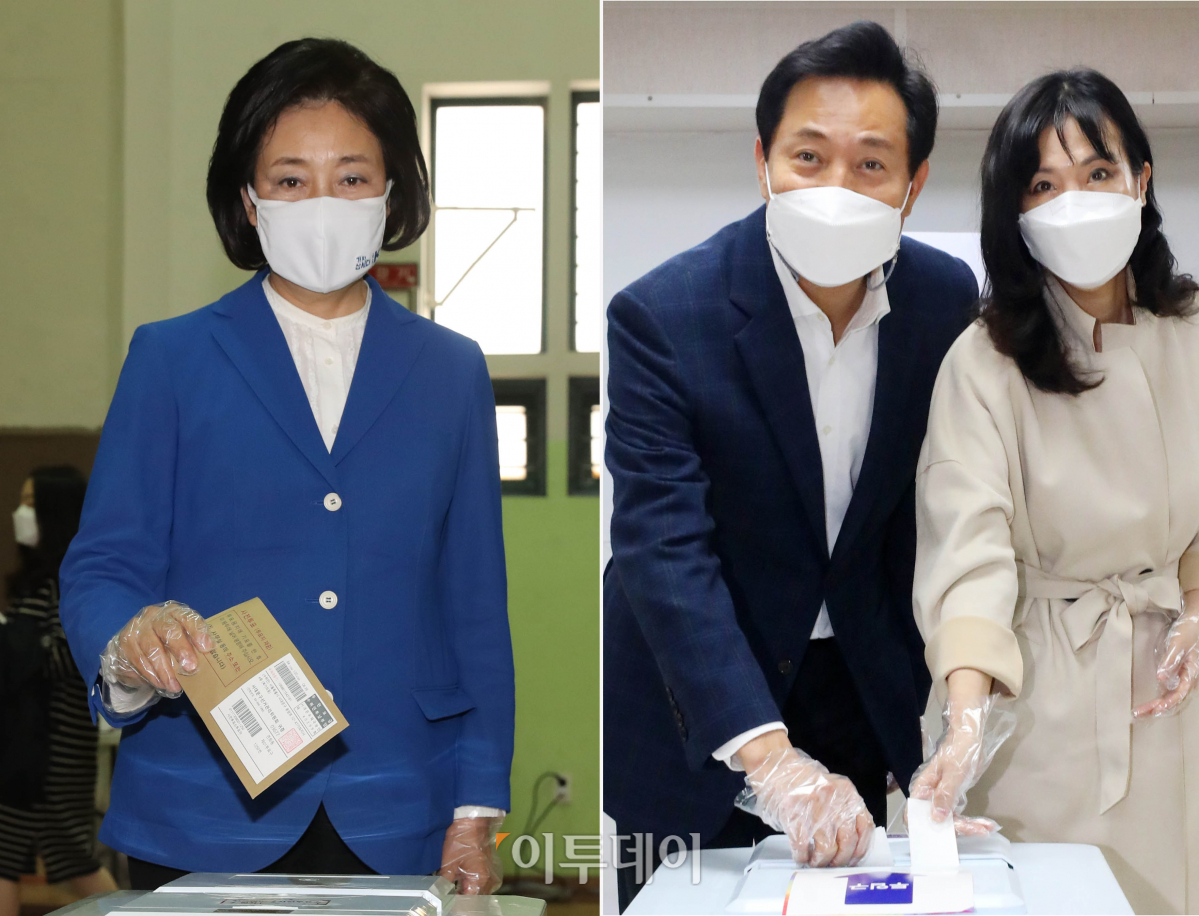 ▲4.7 서울시장 보궐선거 사전투표가 이틀간 실시된 가운데 박영선 더불어민주당 후보(왼쪽)가 2일 서울 종로구청 사전투표소에서, 오세훈 국민의힘 후보가 3일 서울 광진구 자양3동주민센터 사전투표소에서 각각 투표하고 있다. (국회사진취재단)