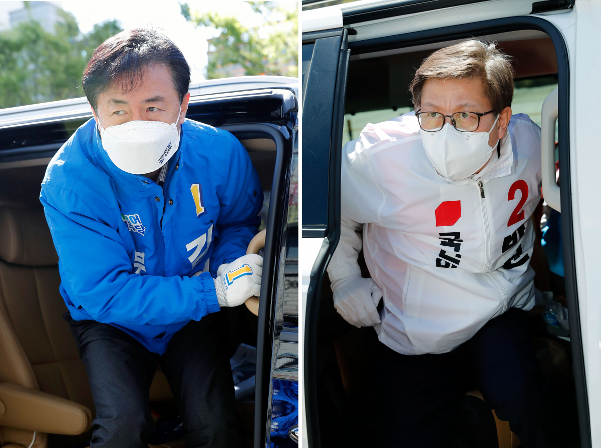▲김영춘(왼쪽) 더불어민주당 부산시장 후보, 박형준 국민의힘 부산시장 후보가 5일 각각 부산 사상구 냉정역, 수영구 아파트단지 앞에서 유세를 하기 위해 차량에서 내리고 있다. (뉴시스)