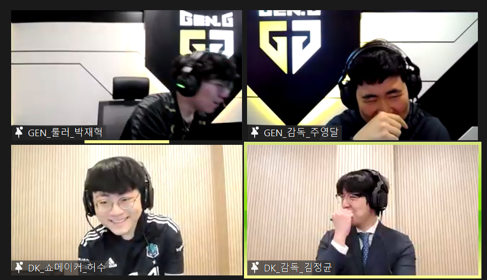 ▲김정균 담원 감독이 "쇼메이커 선수와 비디디 선수를 두고 보면 비디디 선수를 그렇게 신경쓰고 있지 않다"라고 답했다가 황급히 정정하는 모습. 감독과 선수 모두 웃음이 터졌다. 이후 김 감독은 "다시 얘기하겠다"라며 "비디디 선수도 물론 잘하지만 쇼메이커 선수가 훨씬 잘한다는, 딱 이 생각만 가지고 있다"라고 정정했다. (사진=줌(ZOOM) 화면 캡쳐)