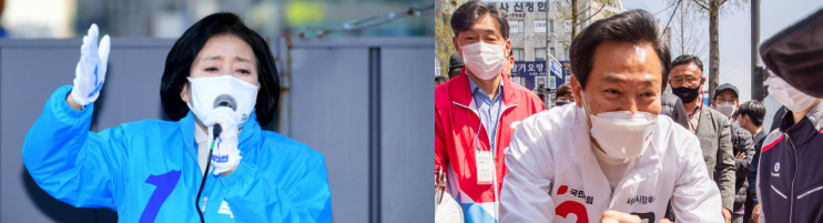 ▲박영선 더불어민주당ㆍ오세훈 국민의힘 서울시장 후보가 6일 유세하고 있다. (신태현 기자 holjjak@)