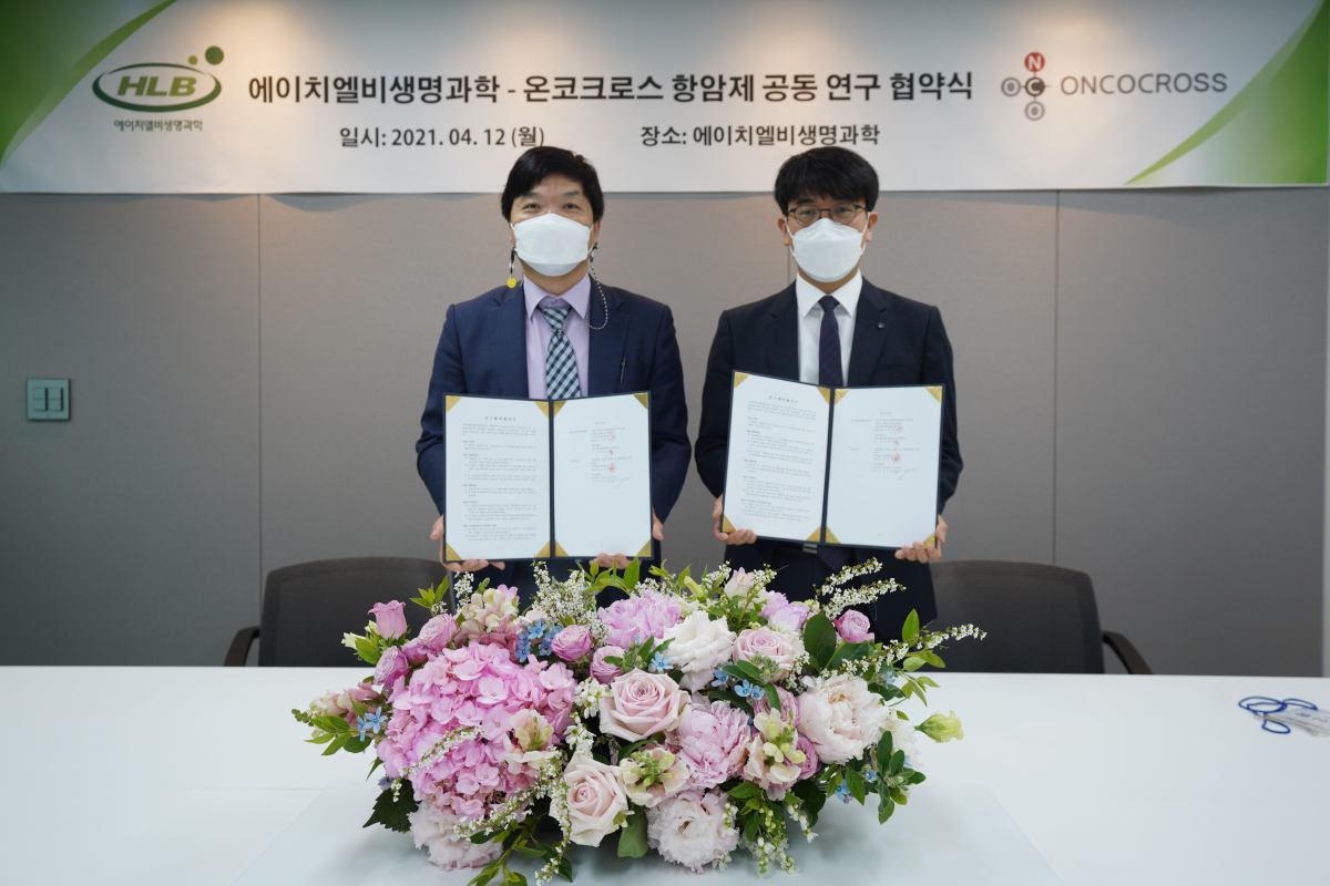 ▲12일 서울시 강남구 테헤란로에 있는 에이치엘비생명과학 서울사무소에서 한용해 에이치엘비생명과학 사장(왼쪽)과 김이랑 온코크로스 대표(오른쪽)가 항암제 공동 연구 협약을 맺고 사진 촬영을 하고 있다. (사진제공=에이치엘비생명과학)