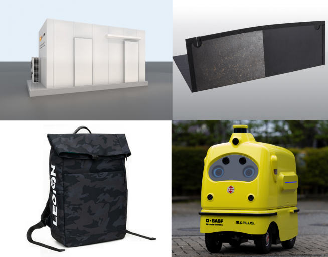 ▲바스프가 '차이나플라스 2021'에서 공개할 예정인 제품들. 좌측 상단부터 시계방향으로 △경질 폴리우레탄(PU) 폼, 엘라스토피아이알(Elastopir®)로 제작된 복합 패널 냉장실 △폐폴리우레탄(PU)을 재활용해 만든 자동차 트렁크 플로어 △자율 무선 충전기 모비파워(MobiPOWER) △합텍스(Haptex®)와 인피너지(Infinergy®) 소재로 개발된 노트북 컴퓨터용 백팩 (사진=바스프)