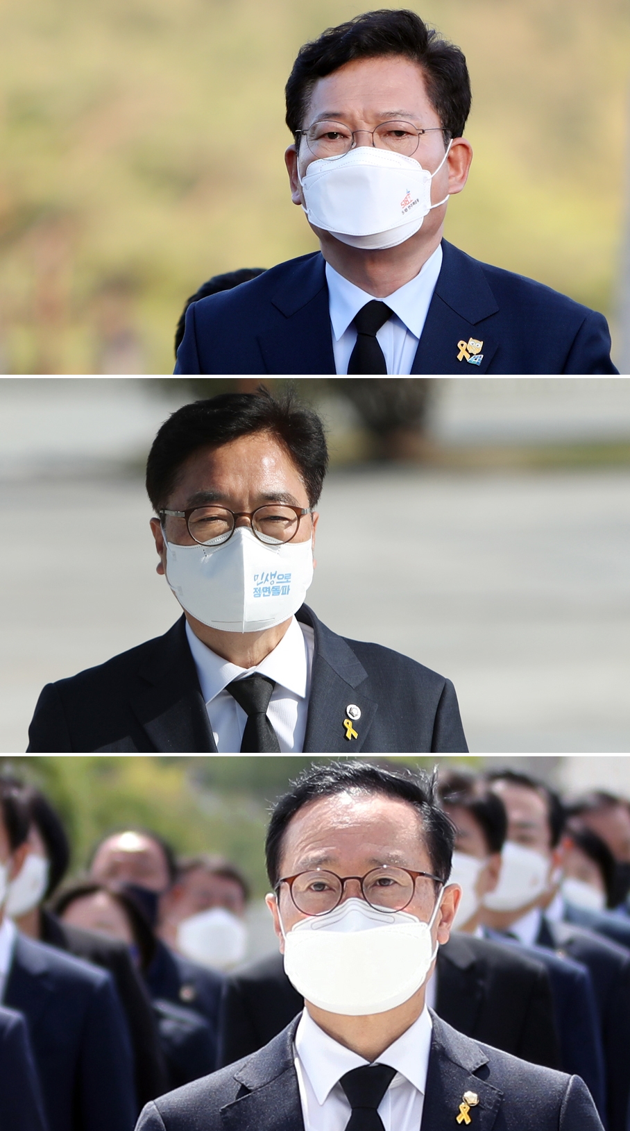 ▲더불어민주당 당대표 출마를 선언한 송영길(위쪽 사진부터), 우원식, 홍영표 의원이 15일 오후 광주 북구 운정동 국립 5·18민주묘지를 참배하고 있다.  (연합뉴스)