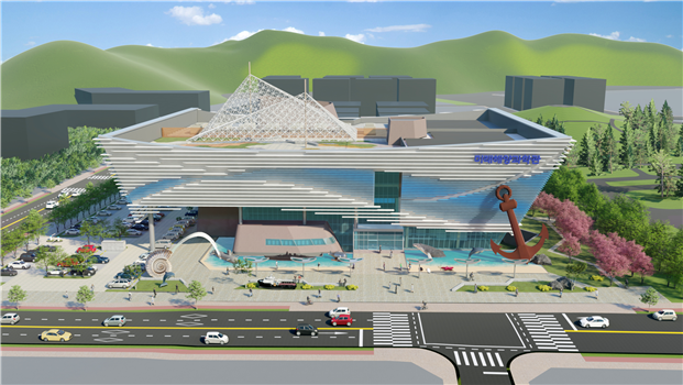 ▲‘미래해양과학관’ 건축외관 조감도. "육지에 바다를 담다"를 기본 컨셉으로 융기된 땅을 판옥선의 부드럽고 친근한 곡선으로 표현했다. (사진제공=해양수산부)