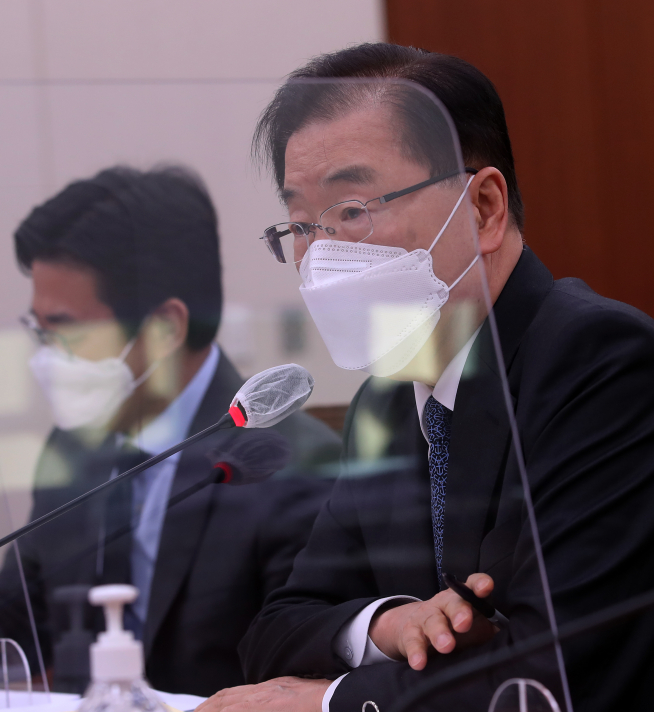 ▲정의용 외교부 장관이 20일 오전 서울 여의도 국회에서 열린 외교통일위원회 전체회의에서 질의에 답변하고 있다. (연합뉴스)