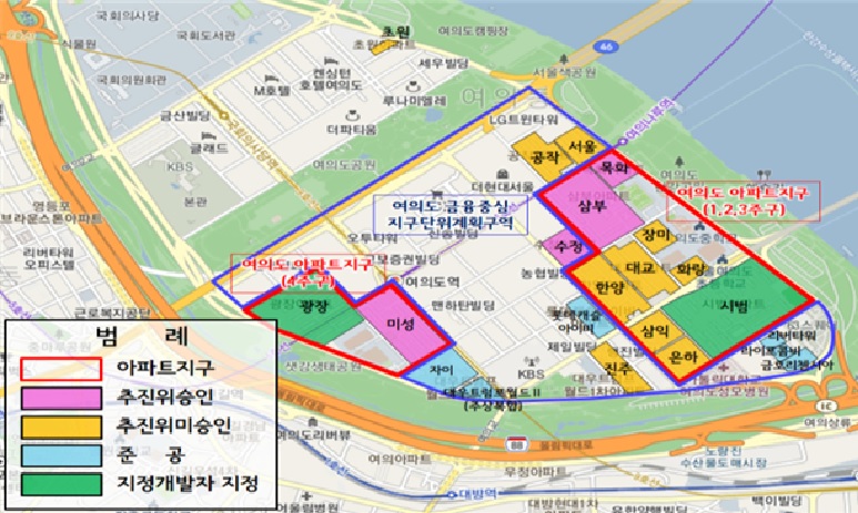 ▲토지거래허가구역으로 지정된 여의도아파트지구 지구단위계획 수립지역 및 인근지역 (자료제공=서울시)