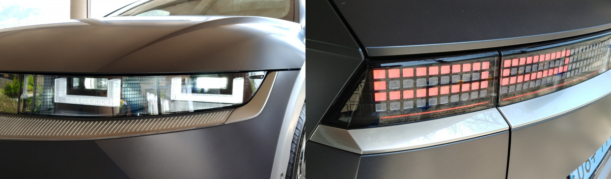 ▲전조등(왼쪽)과 후미등(오른쪽)에 적용된 파라메트릭 픽셀 디자인  (유창욱 기자 woogi@)