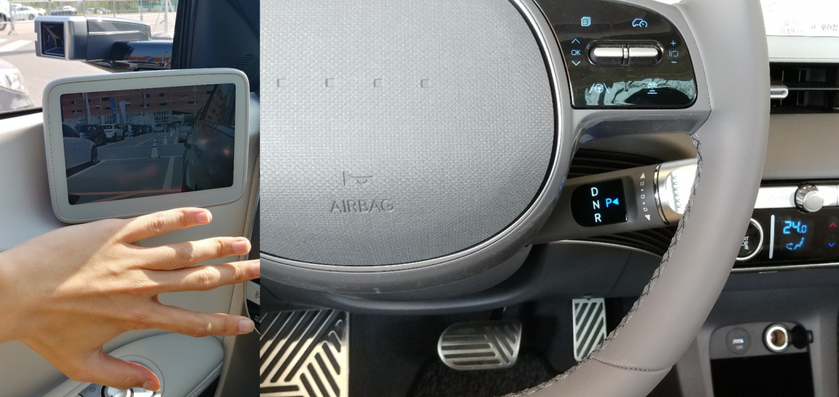 ▲손바닥 만한 디지털 사이드미러 모니터(왼쪽)와 스티어링 휠 뒤에 자리한 칼럼식 기어(오른쪽)  (유창욱 기자 woogi@)