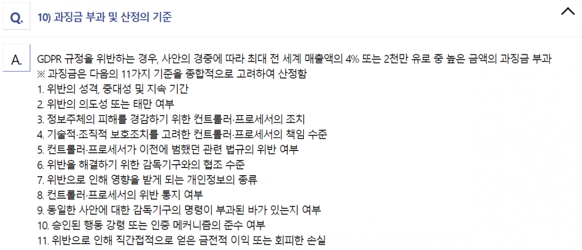 ▲KISA에서 정리한 GDPR 과징금 부과 및 산정 기준 11가지다. (출처=KISA GDPR 대응지원센터 갈무리)