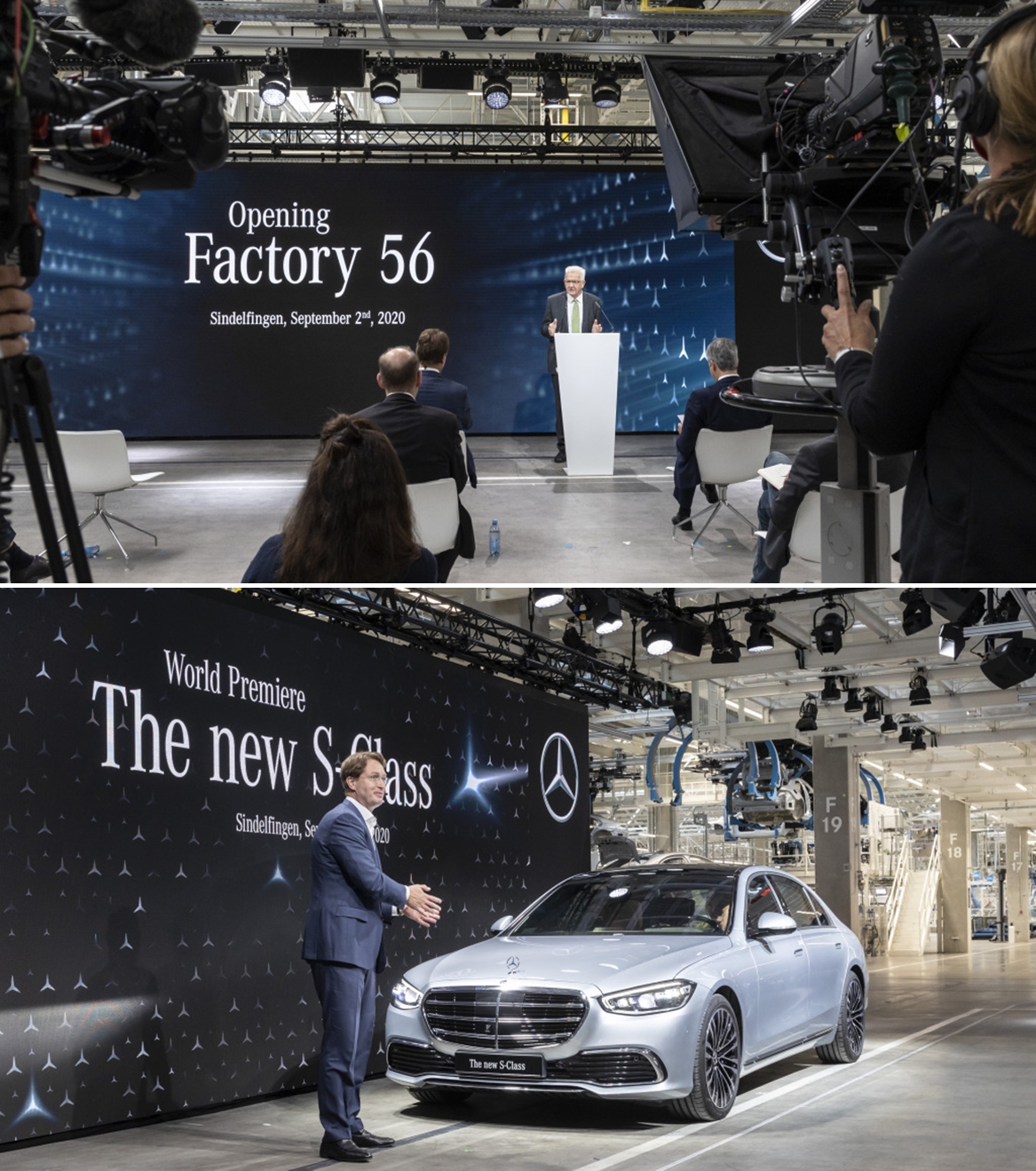 ▲지난해 9월 문을 연 팩토리 56은 7세대로 거듭난 메르세데스-벤츠 더 뉴 S-클래스를 비롯해 두 번째 전동화 모델인 EQS를 생산한다. 사진 아래는 준공식에 나서 더 뉴 S-클래스를 소개하고 있는 '올레 칼레니우스' 다임러 이사회 의장. (출처=다임러 미디어)