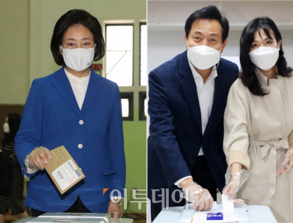 ▲<YONHAP PHOTO-2942> 박영선ㆍ오세훈, 사전투표 승자는 누구?    (서울=연합뉴스) 진성철 기자 = 4ㆍ7 재보궐 선거 사전투표가 이틀간 실시된 가운데 더불어민주당 박영선 서울시장 후보(왼쪽)가 2일 서울 종로구청 사전투표소에서, 국민의힘 오세훈 서울시장 후보가 3일 서울 광진구 자양3동주민센터 사전투표소에서 각각 투표하고 있다.  2021.4.3  [국회사진기자단]    zjin@yna.co.kr/2021-04-03 16:29:38/<저작권자 ⓒ 1980-2021 ㈜연합뉴스. 무단 전재 재배포 금지.> (국회사진취재단)