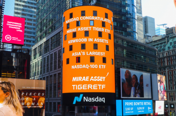 ▲2021년 1월, 미국 뉴욕 타임스퀘어 나스닥 마켓사이트(NASDAQ MarketSite)에 표시된 ‘TIGER 미국나스닥100 ETF’ 순자산 6천억원 돌파 축하 메시지 (출처=미래에셋자산운용)