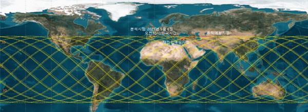 ▲추락 예측 궤도(분석시점 2021년 5월 6일 오전 10시, 한국시각). (사진제공=과학기술정보통신부)