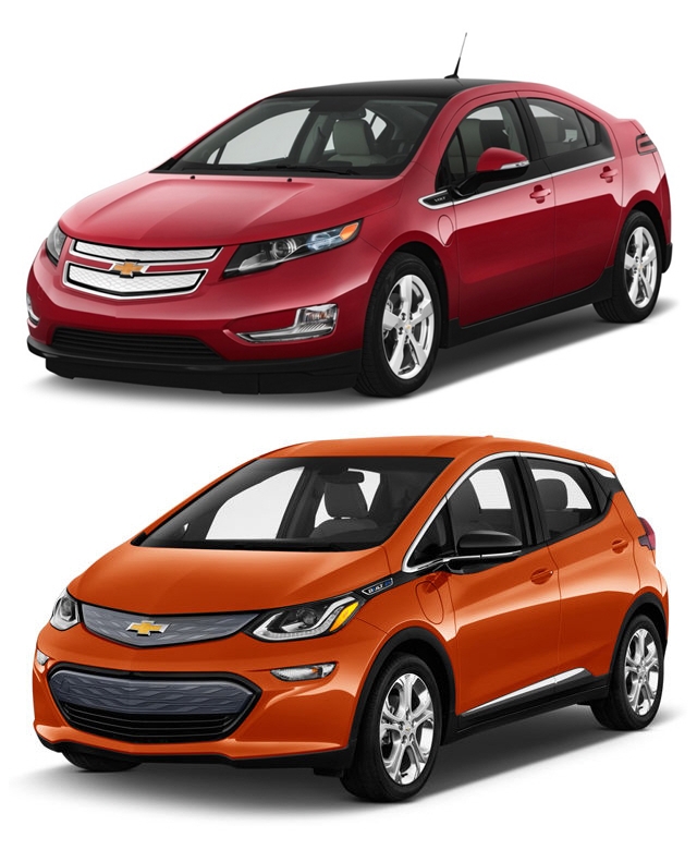 ▲전기차 시대 초기 차 안에 엔진을 장착해 배터리를 충전하던 이른바 '주행거리 연장형 전기차'가 대세를 이뤘다. 사진 위는 1.5ℓ 가솔린 엔진을 장착해 배터리를 충전하던 쉐보레 전기차 볼트(Volt), 사진 아래는 순수하게 배터리만을 이용해 달리는 현재 전기차 볼트(Bolt)의 모습. 두 모델 모두 한글 표기는 동일하되 영문은 다르다.  (출처=미디어GM/KBB닷컴)