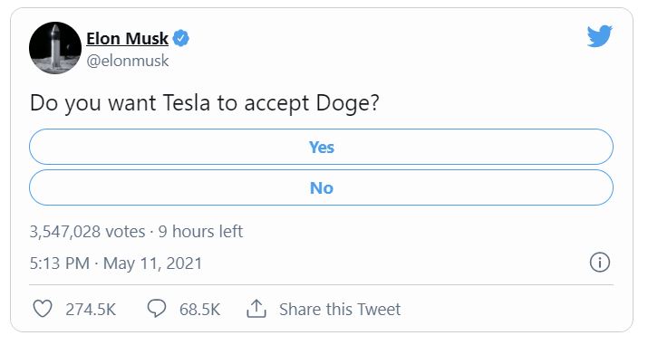 ▲일론 머스크 테슬라 최고경영자(CEO)가 11일(현지시간) 자신의 트위터 계정에 "테슬라가 도지코인을 받기를 원하느냐"라는 설문조사를 올렸다. 트위터 캡처