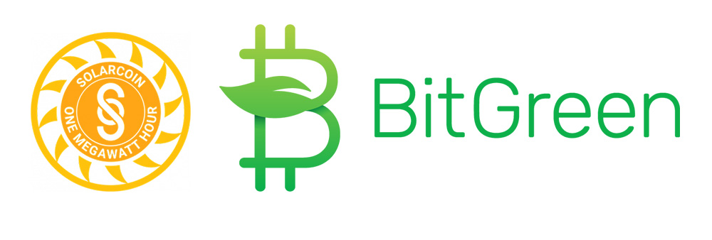 ▲지속 가능한 가상화폐를 표방하는 '솔라코인'(왼쪽)과 '비트그린' 로고