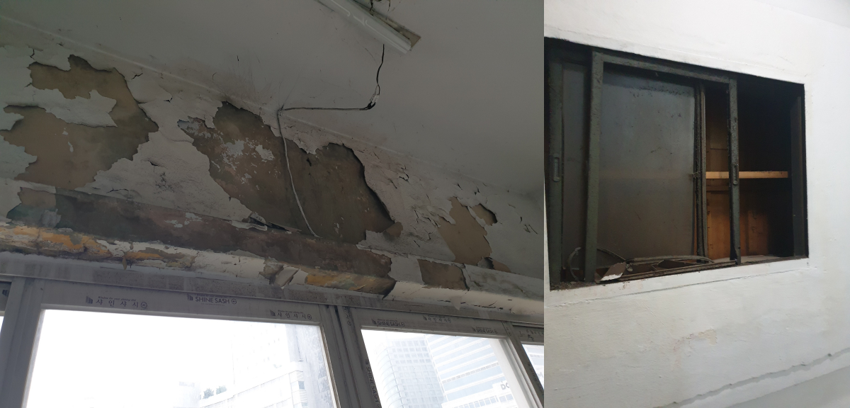 ▲시멘트가 떨어져 나간 동대문상가아파트 천장과 뒤틀린 창틀. 심민규 기자. wildboar@