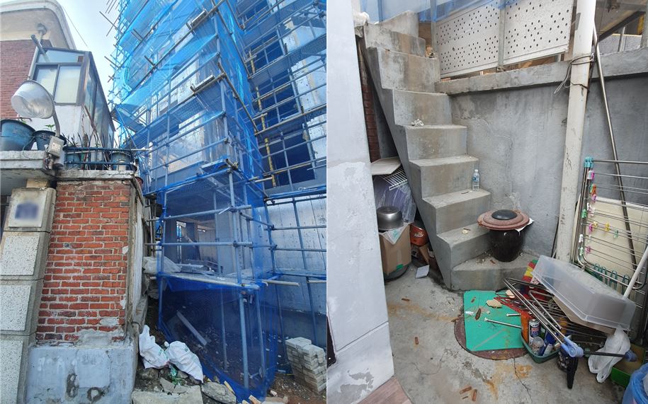 ▲빌라업자들이 최소한의 안전장치 없이 공사에 나서면서 주민들은 피해를 당할까 노심초사하고 있다. 건설현장과 맞닿은 주택에 공사자재가 날아든 모습. (이동욱 기자 toto@)