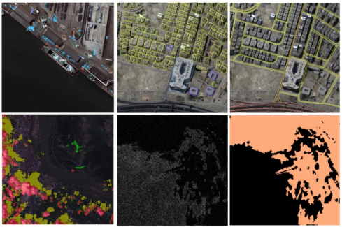 ▲위성영상 객체판독 AI 데이터 도면이다. 왼쪽부터 관심 객체, 건물 윤곽, 도로 윤곽, 구름 추출, 레이더 원본, 레이더 수계다.  (사진제공=슈퍼브에이아이)