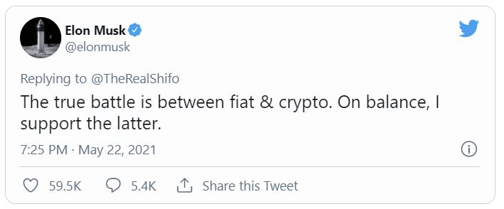 ▲일론 머스크 테슬라 최고경영자(CEO)가 22일(현지시간) 투자자 분노 지적하는 질문에 가상화폐를 지지하는 답글을 올렸다. 머스크 트윗 캡처.