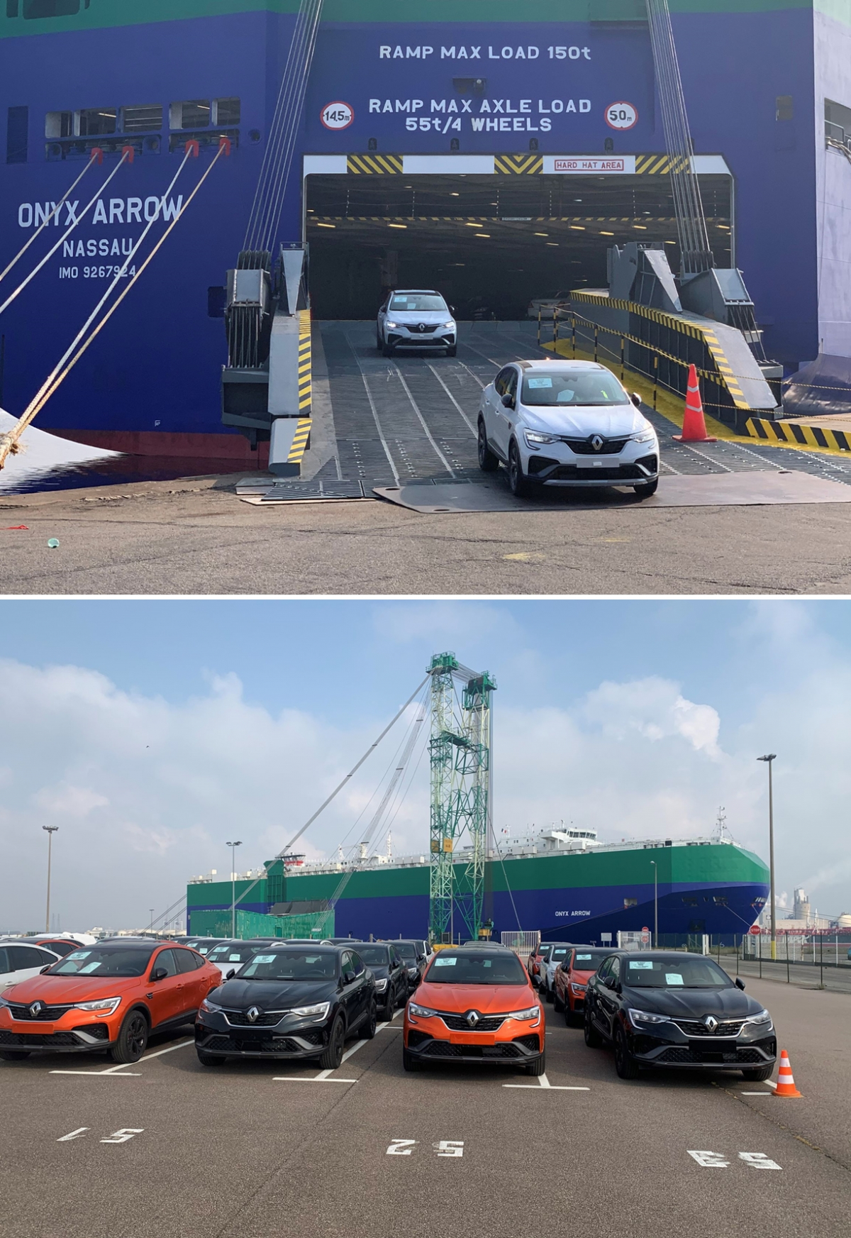 ▲르노삼성 XM3(수출명 르노 아르카나) 수출물량이 프랑스 현지에 도착하는 모습. 6월부터 유럽 판매국이 이전 4개국에서 28개국으로 확대될 예정이다.  (사진제공=르노삼성)