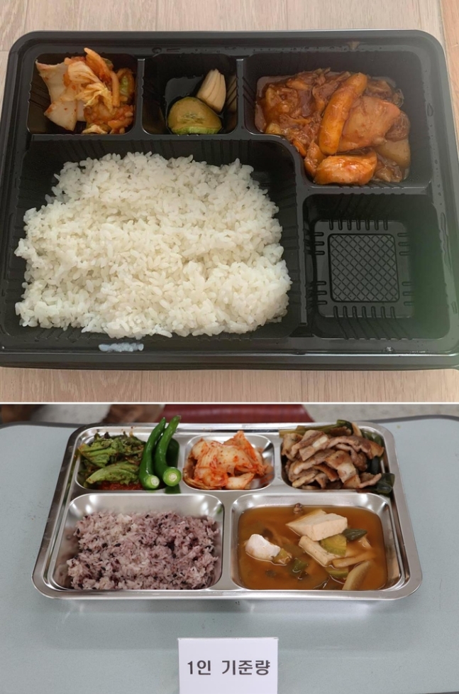 ▲부실급식 논란에 휘말린 육군 51사단 180도 달라진 식판을 공개했다.  (출처=페이스북 '육대전'(위), 국민의힘 강대식 의원실)