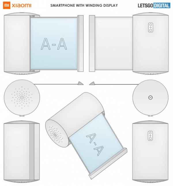 ▲샤오미의 원통형 롤러블 스마트폰 디자인 특허. (출처=레츠고디지털)