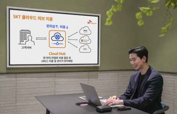 ▲SKT 관계자가 구독형 클라우드 전용 네트워크 서비스 ‘SKT 클라우드 허브(SKT Cloud Hub)’를 홍보하고 있다. (사진제공=SKT)