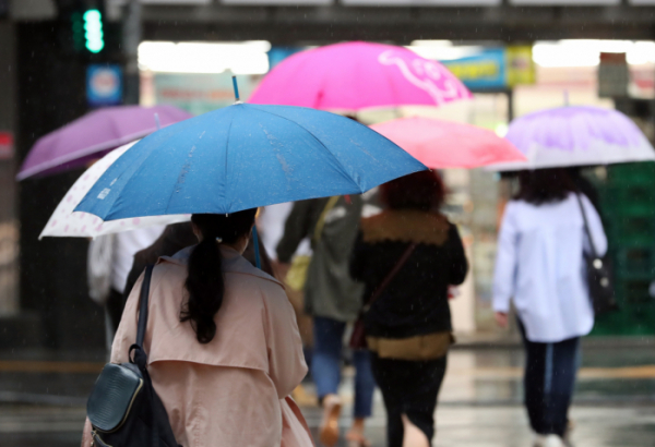 ▲전국에 많은 비가 내린 지난 28일 서울시청 인근 도로에서 우산을 쓴 직장인들이 출근하고 있다. (뉴시스)