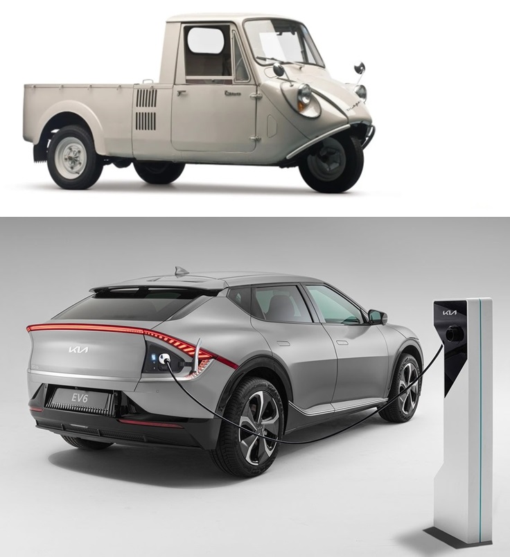 ▲기아가 1962년 첫 삼륜차 K 360(사진 위)를 출시한 이후 59년 만에 글로벌 판매 5000만 대를 넘어섰다. 사진 아래는 첫 전용 전기차 EV6. (출처=마쓰다미디어/기아)