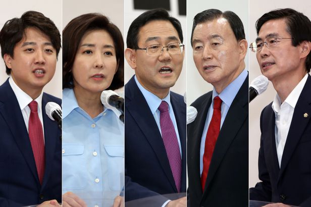 ▲이준석(왼쪽 사진부터)·나경원·주호영·홍문표·조경태 국미의힘 당 대표 후보 (연합뉴스)