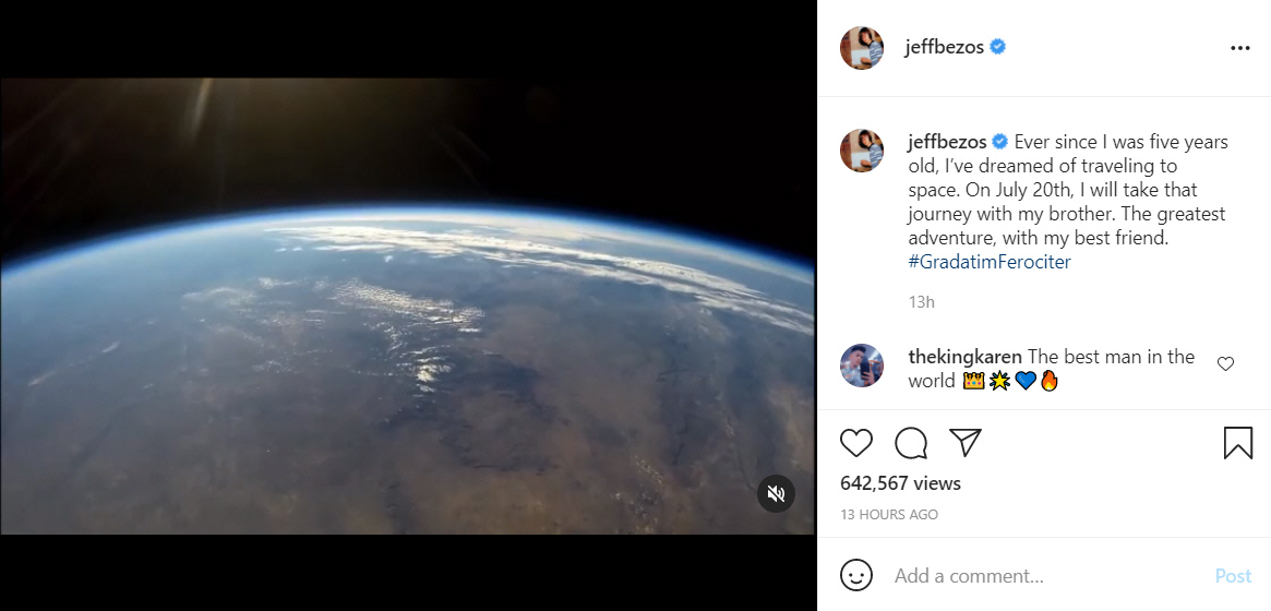 ▲제프 베이조스 아마존 최고경영자(CEO)가 7일(현지시간) 자신의 인스타그램에 우주 여행 소식을 알렸다. 출처 베이조스 인스타그램
