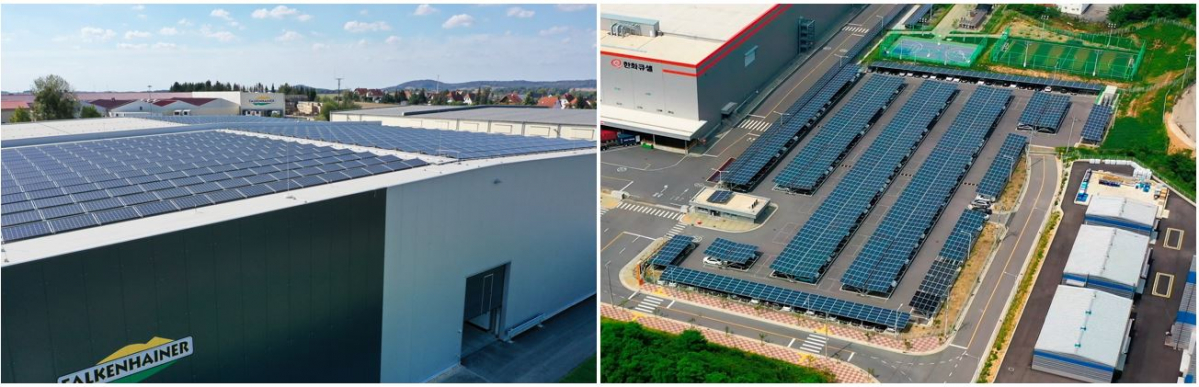 ▲독일 라이프치히 공장에 설치된 한화큐셀 모듈과 한화큐셀 진천공장 주차장 태양광. (사진제공=한화큐셀)